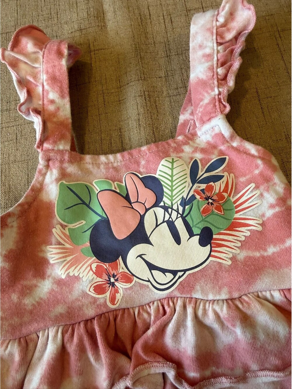 Disney Baby Minnie Mouse Romper 12M Pink Tie Dye Ruffle Bubble Sunsuit One Piece